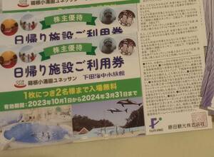 藤田観光　株主優待　ご利用券1枚箱根小涌園ユネッサン　下田海中水族館1枚につき2名様まで入場無料有効期間は2023.10.1〜2024.3.31