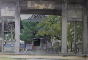 Art hand Auction 三木文夫｢懐古(徳島国分寺)｣日本画 大型額装品 風景画 師:川村曼舟, 絵画, 日本画, その他