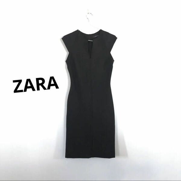 ZARA woman キーネック　フレンチスリーブ　膝丈ワンピース　ブラック