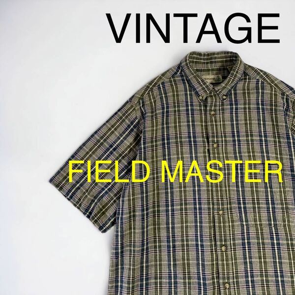 美品 VINTAGE FIELD MASTER コットン&リネン 半袖 ボタンダウンシャツ 半袖シャツ アウトドア アメリカ購入 古着 麻 ワイドシルエット