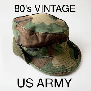 80's VINTAGE US ARMY DLA官給品 米軍実物 カモフラ パトロールキャップ 迷彩 ウッドランド 耳当て ミリタリー キャップ 帽子 CAP HAT