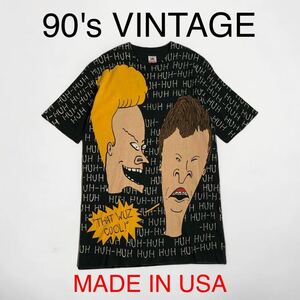 超希少 90's USA製 VINTAGE MTV BEAVIS & BUTTHEAD 特大版 総柄 Tシャツ ビーバス&バットヘッド 90年代 アメリカ製 レア ビンテージ 輸入