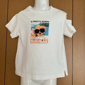 子ども こども 女児 ガールズ Tシャツ 130cm 白 犬 可愛い お洒落 柄変化 GU オープンショルダー カットショルダー