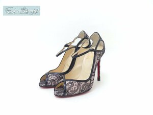 Sランク Christian Louboutin オープントゥパンプス 34 1/2 ブラック/ピンク レース/レザー シンデレラサイズの方必見