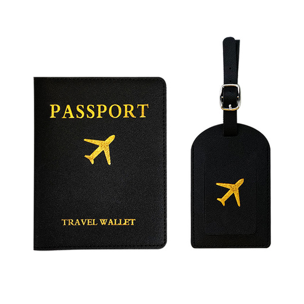[HS-P-05] パスポートカバー パスポートケース 旅行用品　ラゲッジタグ 2点セット　ブラック