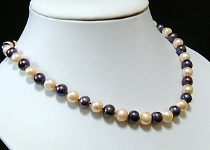 真珠層100％●9-10mm●天然淡水真珠のネックレス 長42m●ブラック＆サーモンピンク♪