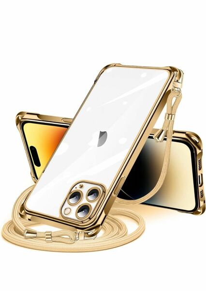 iPhone 14 Pro Max 用 ケース クリア ショルダー iPhone14pro max スマホケース (ゴールド)