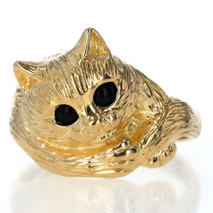 K18YG yellow gold ring onyx 2 bead cat eyes . box seat . animal cat animal design ring 11 number [ new goods finish settled ][zz][ used ]