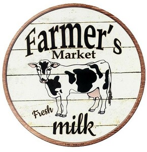 乳牛 ミルク FARMERS MARKET ラウンド 円形 メタルプレート アメリカンブリキ看板