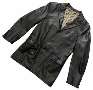 ■ BURBERRY BLACKLABEL バーバリーブラックレーベル ■ 上質 本革 ラムレザー 羊革 裏地ノバチェック柄 3釦 ブレザー ジャケット ブラック