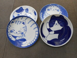藍染ねこ　軽量20㎝皿　４柄組　日本製美濃焼　新品未使用　陶磁器製