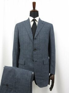 超美品【キートン キトン Kiton】 カシミヤ×絹×麻混 3ボタン段返り スーツ (メンズ) 46-8R ネイビー系 ストライプ柄 伊製 ●27HR2908