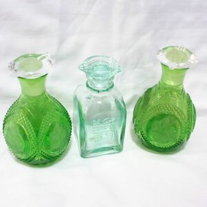 美品 昭和レトロ アンティーク雑貨 KITAICHI GLASS 北一硝子 しょうゆ瓶 3個セット 醤油瓶 薔薇バラ グリーン 水色 醤油さし インテリア/箱