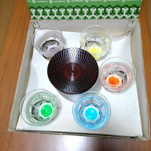 未使用品 昭和レトロ カラフル ガラス グラス 5客セット 茶托付き セット コップ 硝子/D1の画像6