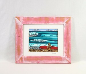 真作 ヘザー・ブラウン Paper Prints「Surf Girl」画寸 26cm×21cm 米国作家 ハワイ在住 サーフアート 単純化した構図 色彩豊かな配色 7874