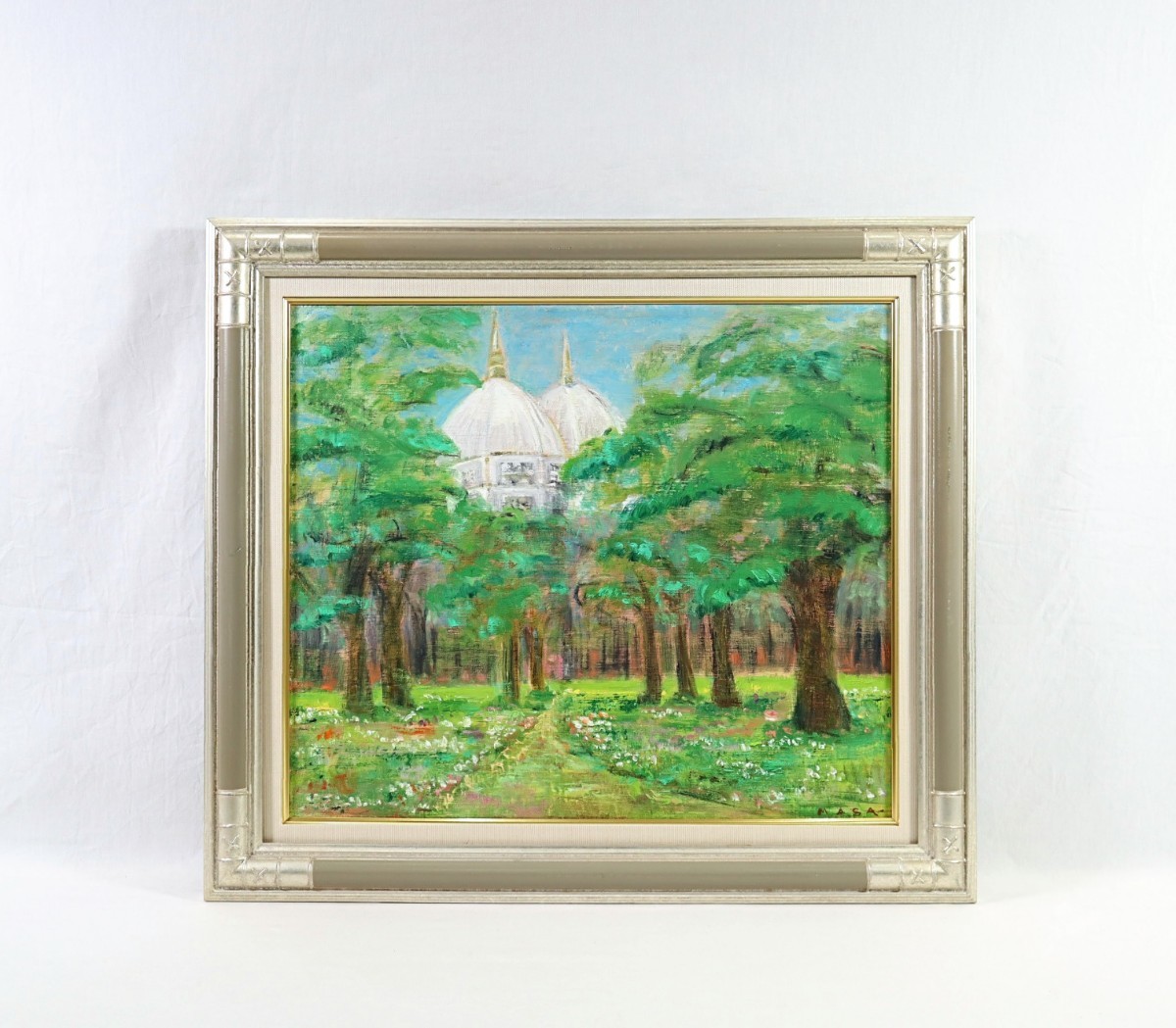 Echtes Werk von Masako Fukumoto Ölgemälde Aus dem Park, England Größe F10 Mitglied der Shunyo-kai Studierte bei Haru Miyawaki Ein Kreidekuppeldach, das durch die Lücken im frischen grünen Wald lugt 7877, Malerei, Ölgemälde, Natur, Landschaftsmalerei