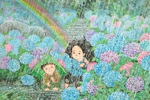 真作 開田風童 水彩「雨の中で」画寸45.5cm×38cm F8 福岡県出身 素朴な童画 画面いっぱいの紫陽花 蓮の葉で雨露凌ぐ様子が微笑ましい 7955_画像3