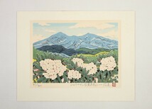 真作 非売品 橋本広喜 2016年木版画「シャクナゲと安達太良山」画 19×13.5cm 福島県出身 日本版画会理事 美しい山陵と咲き誇る石楠花 7871_画像2