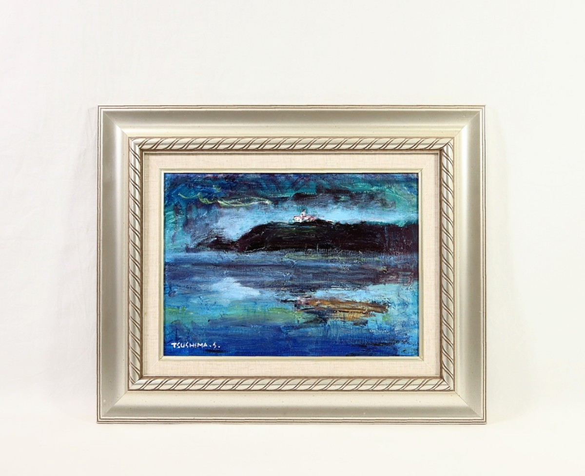 Genuine work by Shunsuke Tsushima, 2004, oil painting Distant Landscape - Night Sea, size F4, from Hyogo Prefecture, unaffiliated, harmonious colors, The ingenious composition is attractive. Deep blue sea and sky 7903, Painting, Oil painting, Nature, Landscape painting