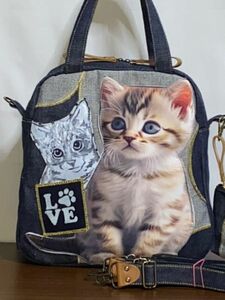 お値下げ☆ハンドメイド☆岡山デニム☆リアル☆トラ猫☆子猫☆4wayボストンバッグ