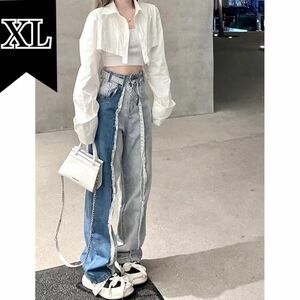 レディース　デニム　パンツ　XL ワイドパンツ　ストレート　韓国　海外　バイカラー　インポート　カジュアル　韓国ファッション