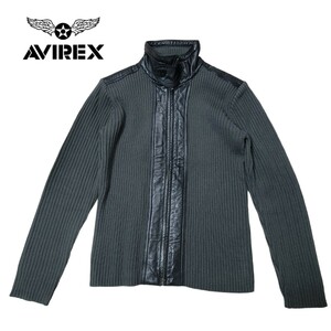 【大人気】上野商会 アヴィレックス AVIREX 羊革切替 ニットジャケット L ブルゾン 黒×カーキ リブ編み ダブルジップ ニット カーディガン