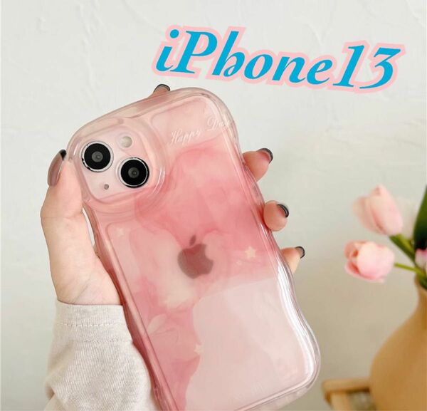 iPhone13 ウェーブ シリコンケース ピンク　クリア iPhoneケース