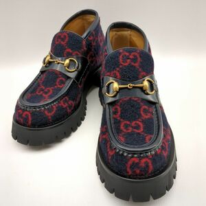 GUCCI 598315 шерсть шланг bit Loafer темно-синий GG рисунок SIZE 5 1/2 Bee вышивка лодыжка ботинки мужской Gucci пчела пчела *3109/. бамбук магазин 