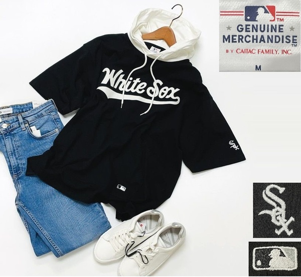 未使用品 /M/ GENUINE MERCHANDISE ブラック ビッグシルエット半袖パーカー メンズ カジュアル球団ロゴワッペンWhite sox ホワイトソックス