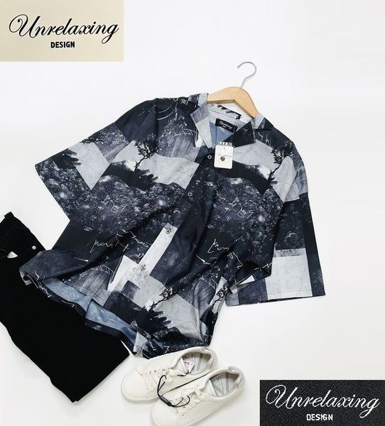 unrelaxing ダークアッシュ ビッグシルエット総柄開襟アロハシャツ UR-527 ルーズ レディース メンズ ブラック系アンリラクシング