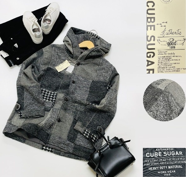 /M/ CUBE SUGAR グレーチェック パッチワーク フードジャケット ボタン レディース アウターショートカジュアル キューブシュガー