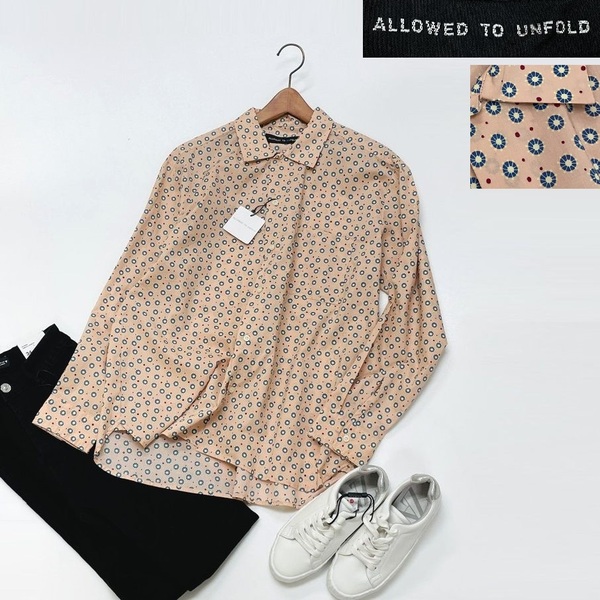 /M/ ALLOWED TO UNFOLD ピンク 長袖カラーシャツ メンズ レディース タグ 総柄 幾何学模様 カジュアル ストリート アンフォールド