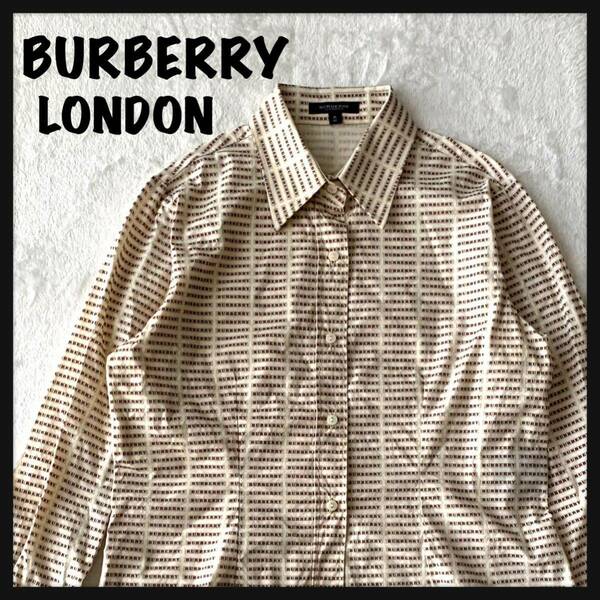 【激レア】BURBERRY LONDON バーバリー 長袖 コットン シャツ 全面ロゴ プリント 総柄 イタリア製