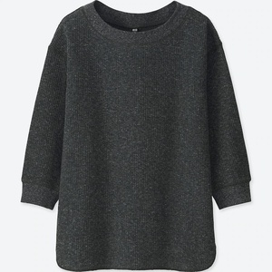 新品 UNIQLO(ユニクロ) ワッフルクルーネックT（7分袖）XS ダークグレイ