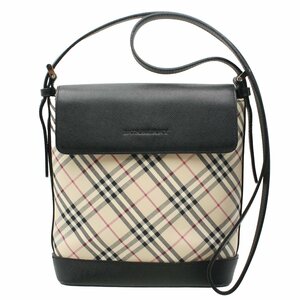 ★B2444 美品 バーバリー チェック柄 キャンバス×レザー ショルダーバッグ ベージュ×ブラック BURBERRY メンズ レディース★