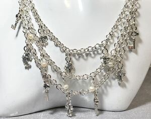 美品　レモンツリー　シルバー ネックレス　三連ネックレス　チャーム　クロス　キー　パール　百合　925 silver 51g