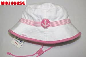 2　新品本物即決　帽子【S】44～46cm　日本製　ミキハウス　MIKI HOUSE FIRST　女の子用サイズ調節可能紫外線UVカット90%以上紐付きハット