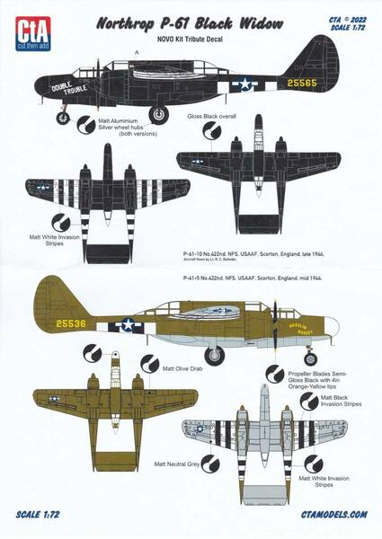 1/72 CTAモデル P-61 ブラックウィドウ用デカール 夜間戦闘機 アメリカ陸軍航空隊