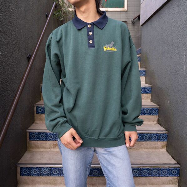 USA VINTAGE BASIC PRINT DESIGN LONG SLEEVE SWEAT POLO SHIRT/アメリカ古着プリントデザイン長袖スウェットポロシャツ