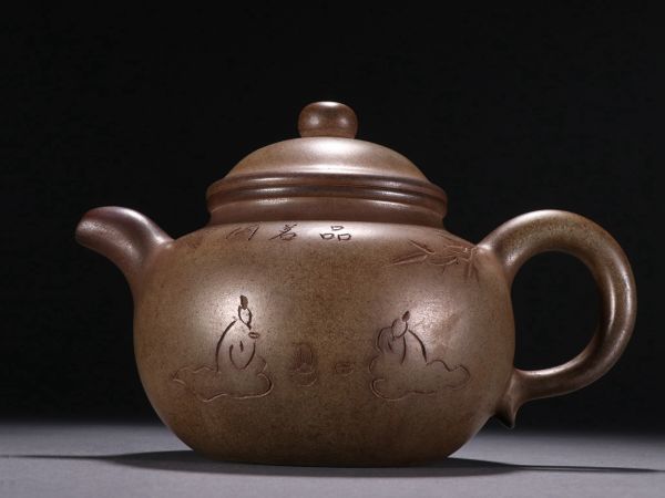 紫砂彫 梅花詩文紫砂茶壺 朱可心銘 近時代」陶磁器 急須 茶道具 古賞物