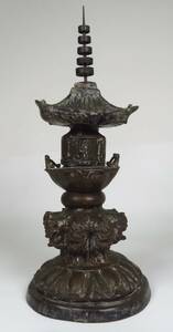 仏教美術 時代 唐銅製 獅子台座塔置物 仏塔 厨子 灯篭 香炉 骨董品 古美術品 寺院 仏閣 高さ49cm