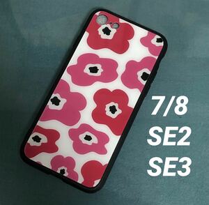 iPhone7ケース　iPhone8ケースiPhoneSE3ケースiPhoneSE2ケース SE第三世代 SE第二世代　強化ガラスケース　花柄　ピンク　管理北ピ-4