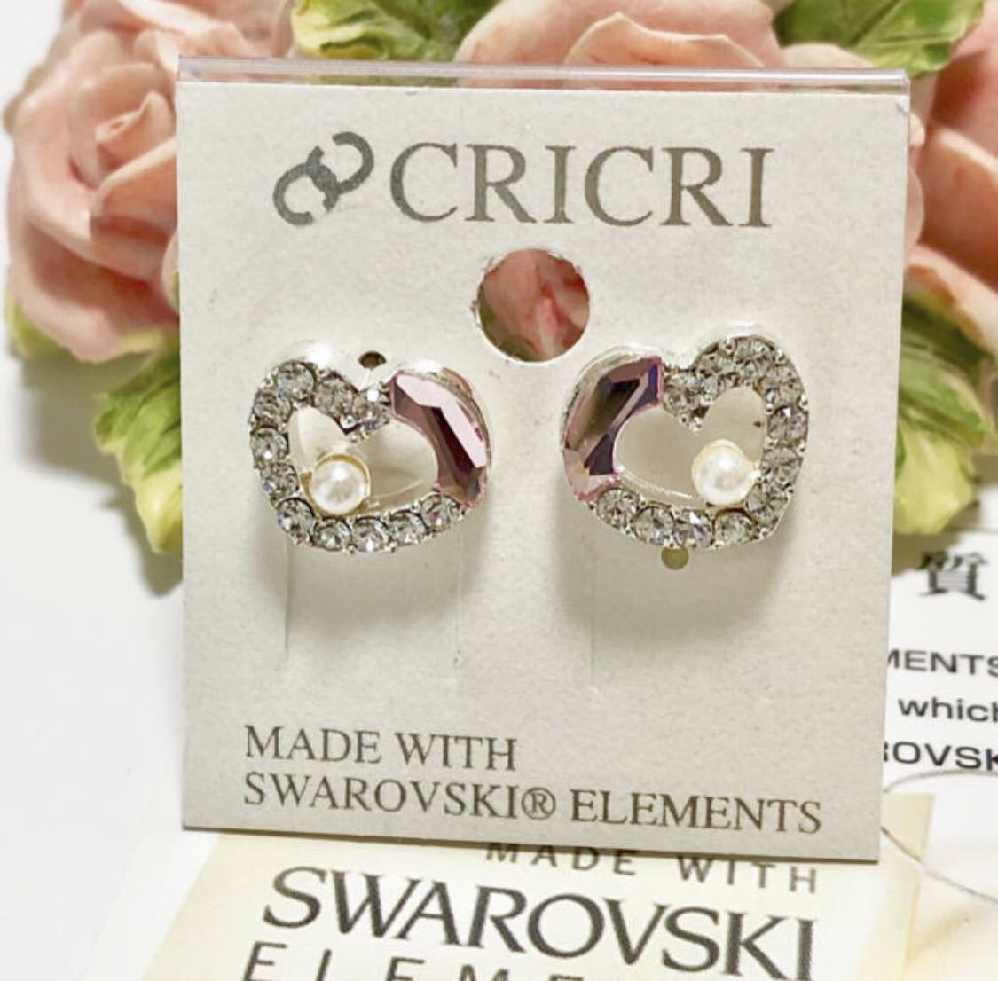 Swarovski earrings☆Silver 925 heart earrings, Handmade, Accessories (for women), Earrings, Earrings