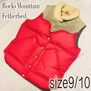 【日本製】Rocky Mountain Featherbed ダウンベスト 9/10 M ファー 羊革 赤 レッド ロッキーマウンテンフェザーベッド
