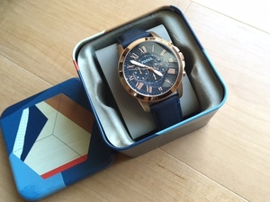 良品 ケース付 FOSSIL フォッシル クロノグラフ FS4835 純正ベルト ゴールド×ネイビー系文字盤 クオーツ メンズ 腕時計 