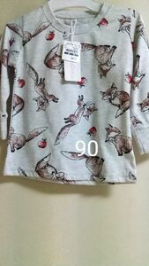 七分袖　Tシャツ　きつね　りんご　90 グレー　未使用