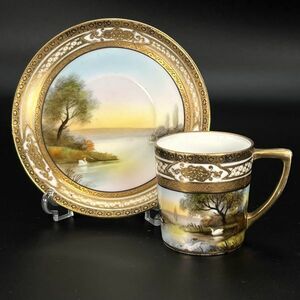 OLD NORITAKE オールドノリタケ 里帰り 金彩 白鳥湖畔風景文 キャビネットカップ カップ＆ソーサー 碗皿 コレクション アンティーク