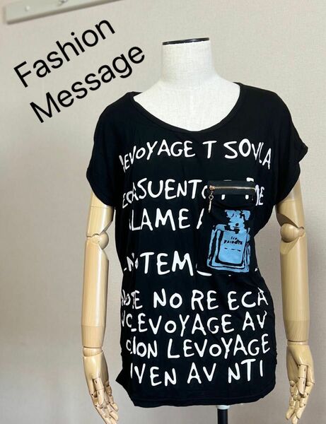  Fashion Message 英字ファスナーデザインTシャツ　黒