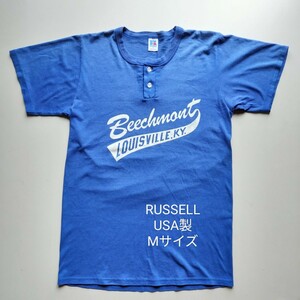 RUSSELL★前後プリント★ヘンリーネック丸胴Tシャツ★USED★USA製