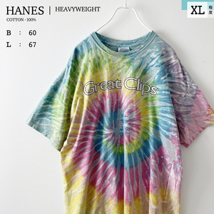 HANES ヘビーウェイト 総柄 タイダイ染め 加工 半袖 Tシャツ 製品染め マルチカラー 幾何学 渦 綿 100% コットン 厚手 ヘインズ メンズ XL